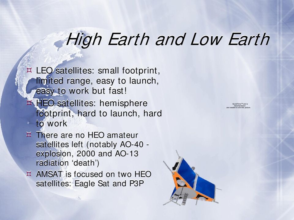 HEO satellites: hemisphere footprint, hard to launch, hard to work There are no HEO amateur satellites