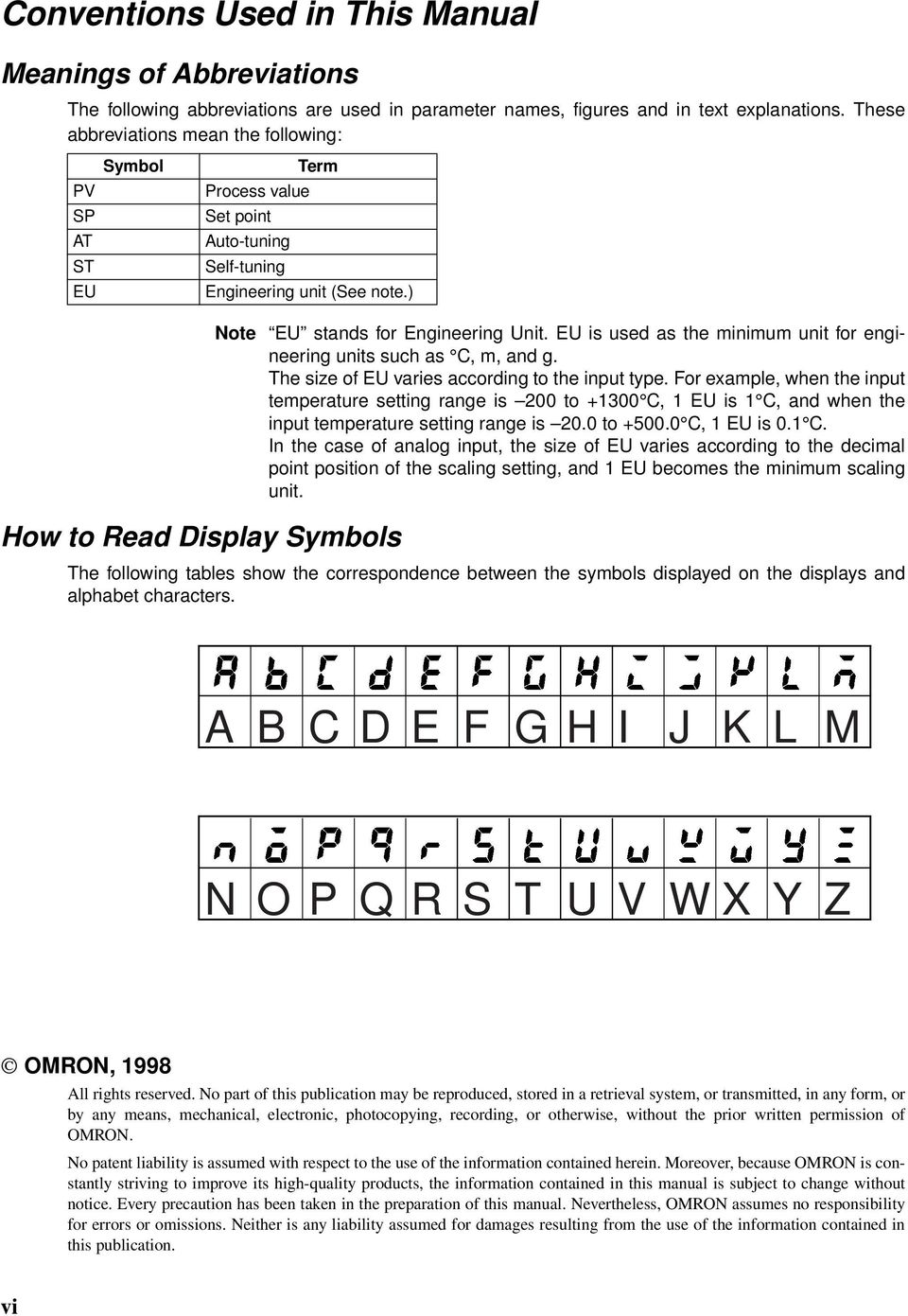 ) How to Read Display Symbols Note EU stands for Engineering Unit. EU is used as the minimum unit for engineering units such as C, m, and g. The size of EU varies according to the input type.