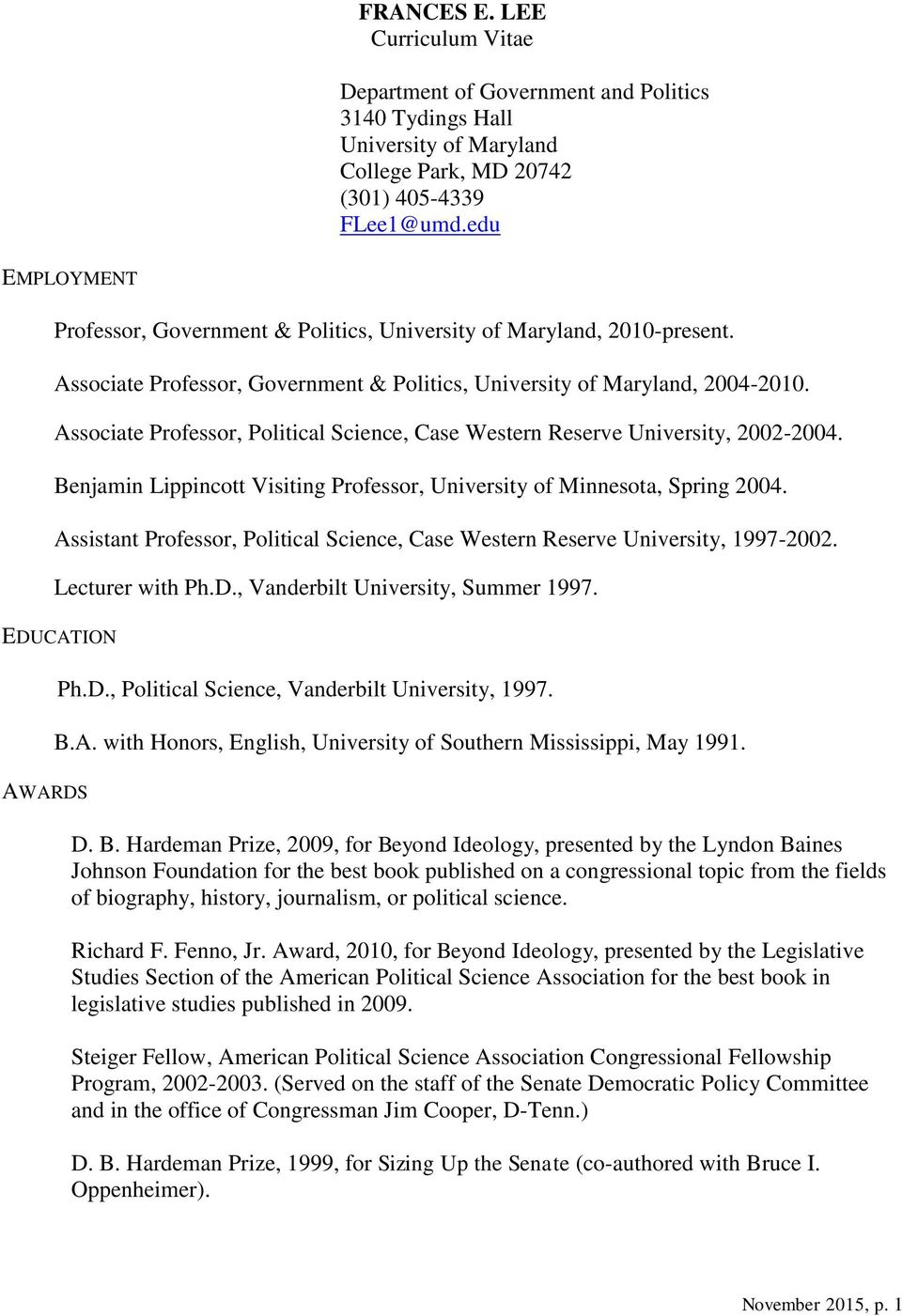 Frances E Lee Curriculum Vitae Professor Government Politics