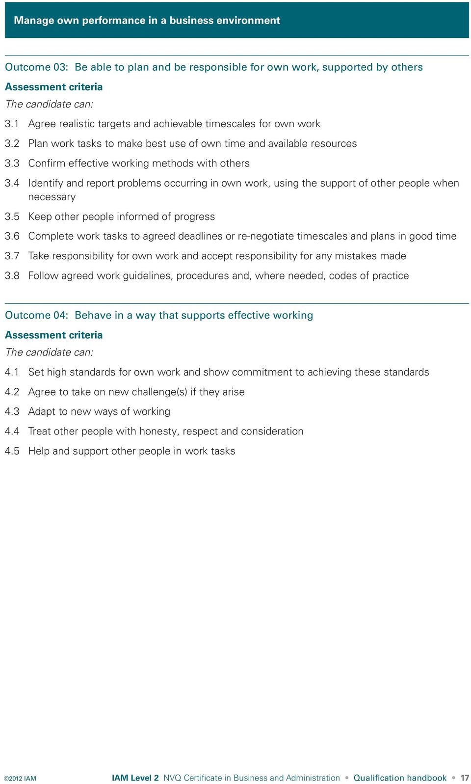 4 Identify and report problems occurring in own work, using the support of other people when necessary 3.5 Keep other people informed of progress 3.