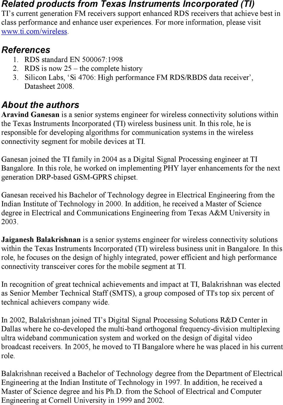 Silicon Labs, Si 4706: High performance FM RDS/RBDS data receiver, Datasheet 2008.