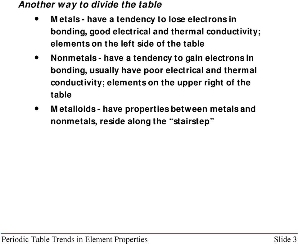 usually have poor electrical and thermal conductivity; elements on the upper right of the table Metalloids - have