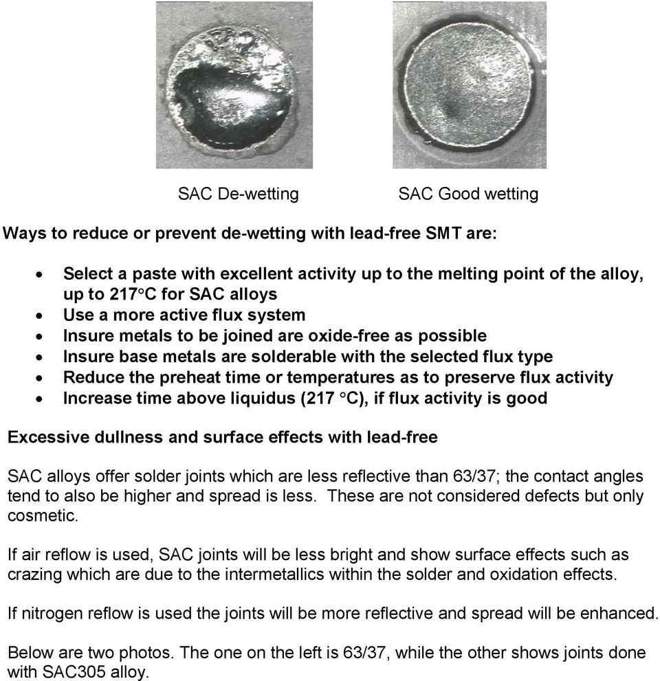 preserve flux activity Increase time above liquidus (217 C), if flux activity is good Excessive dullness and surface effects with lead-free SAC alloys offer solder joints which are less reflective