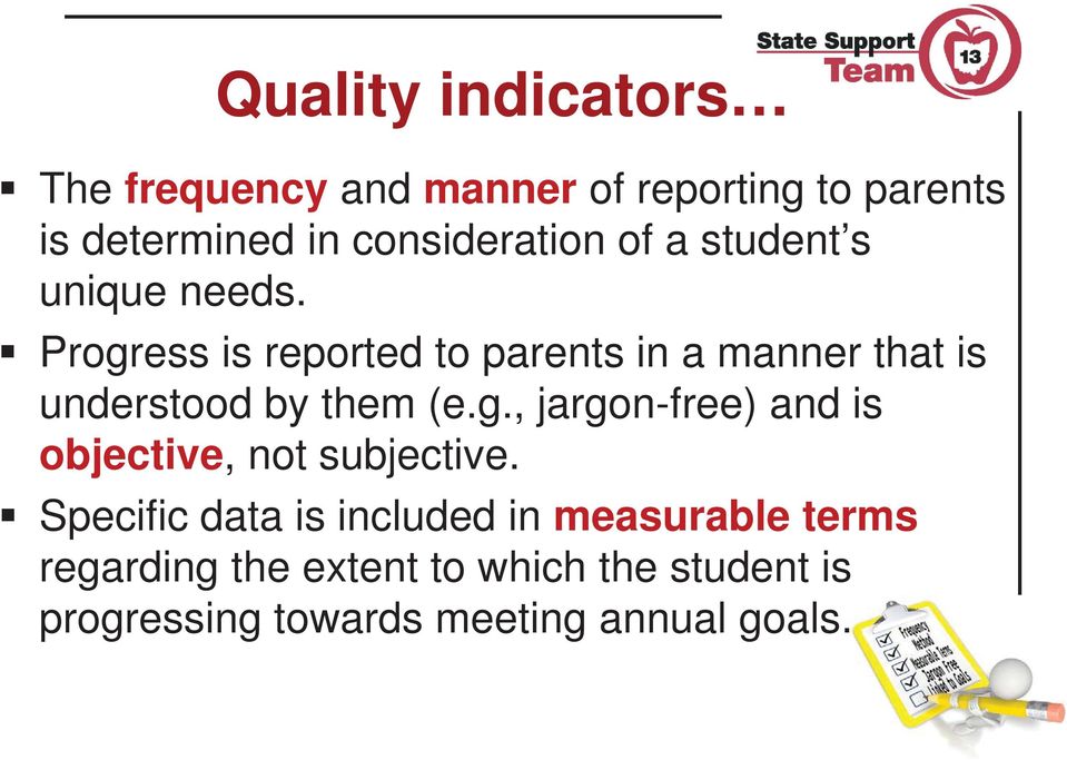 Progress is reported to parents in a manner that is understood by them (e.g., jargon-free) and is objective, not subjective.