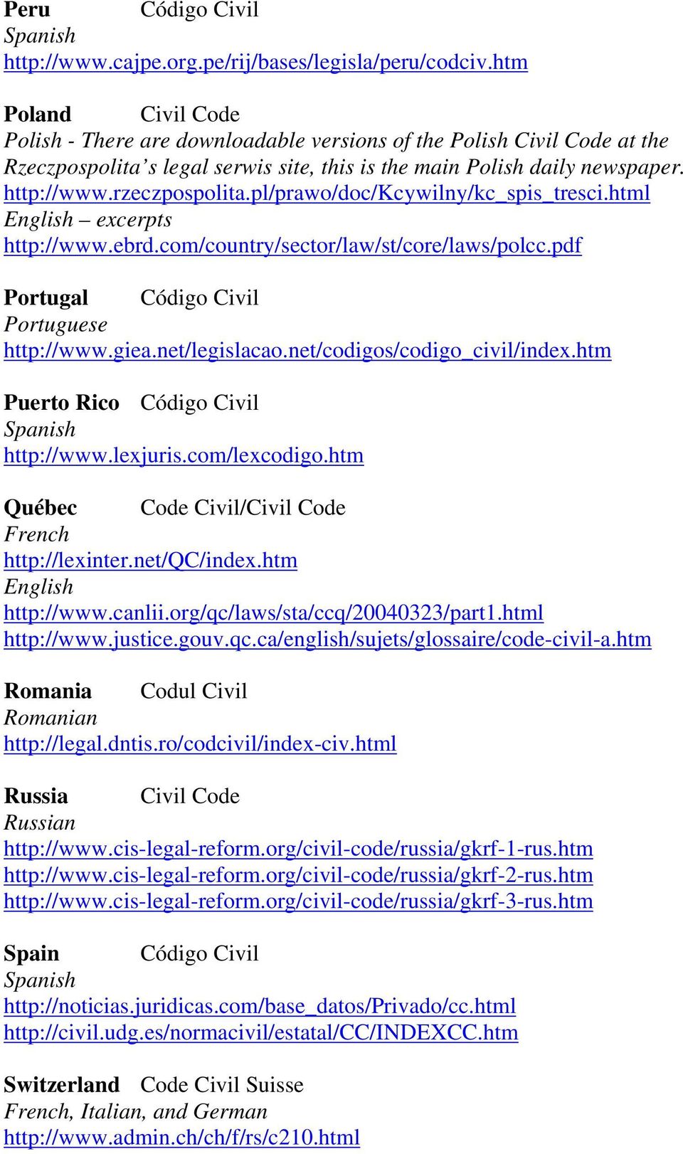 pl/prawo/doc/kcywilny/kc_spis_tresci.html excerpts http://www.ebrd.com/country/sector/law/st/core/laws/polcc.pdf Portugal Código Civil Portuguese http://www.giea.net/legislacao.