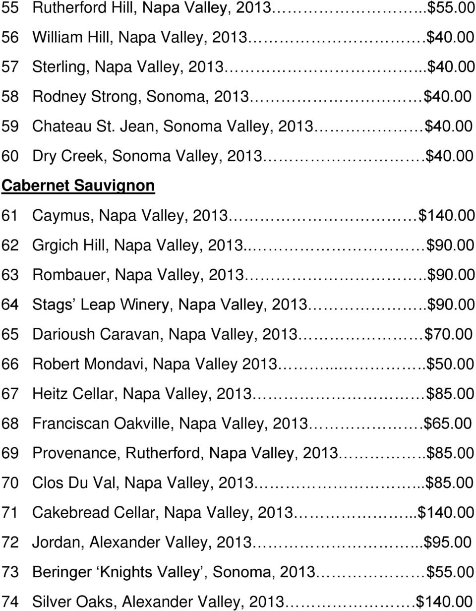 00 63 Rombauer, Napa Valley, 2013..$90.00 64 Stags Leap Winery, Napa Valley, 2013..$90.00 65 Darioush Caravan, Napa Valley, 2013 $70.00 66 Robert Mondavi, Napa Valley 2013.....$50.