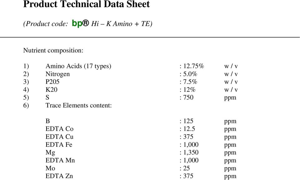 5% w / v 4) K20 : 12% w / v 5) S : 750 ppm 6) Trace Elements content: B : 125 ppm EDTA Co :