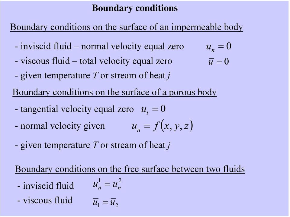 of a porous body - tangential velocity equal zero - normal velocity given u t = ( x, y z) u n = f, - given temperature T or
