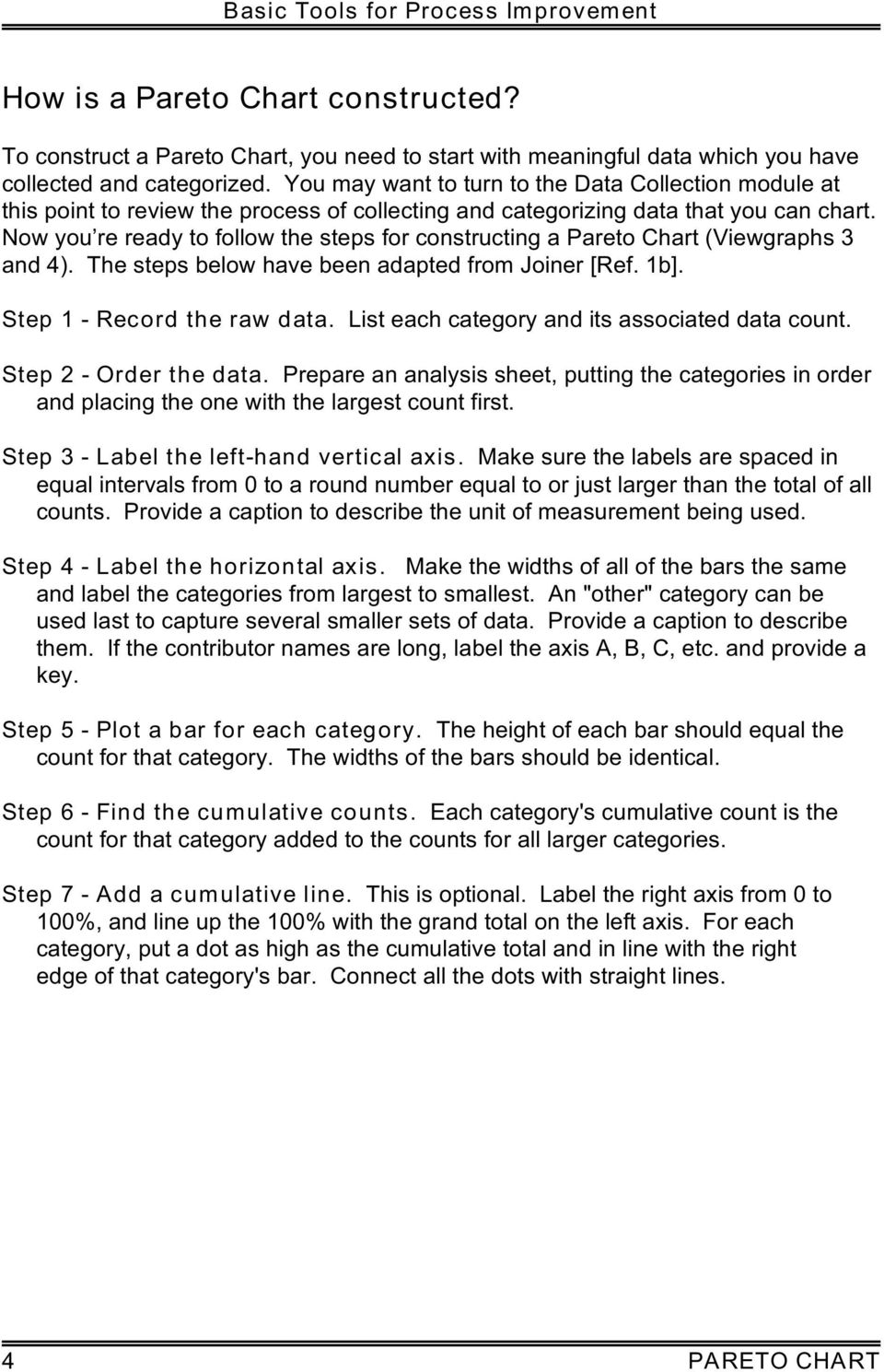 Now you re ready to follow the steps for constructing a Pareto Chart (Viewgraphs 3 and 4). The steps below have been adapted from Joiner [Ref. 1b]. Step 1 - Record the raw data.