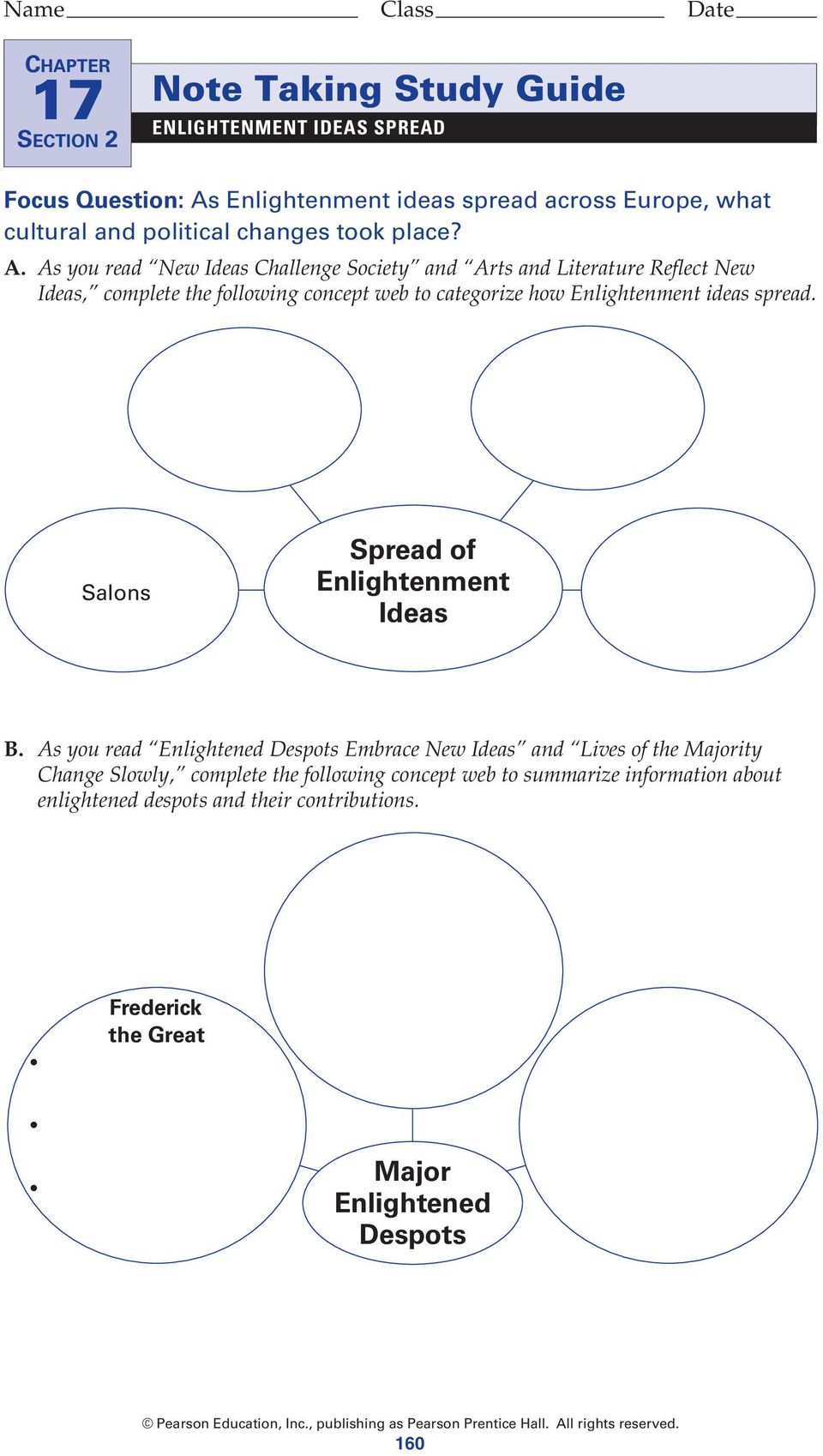 As you read New Ideas Challenge Society and Arts and Literature Reflect New Ideas, complete the following concept web to categorize how Enlightenment ideas