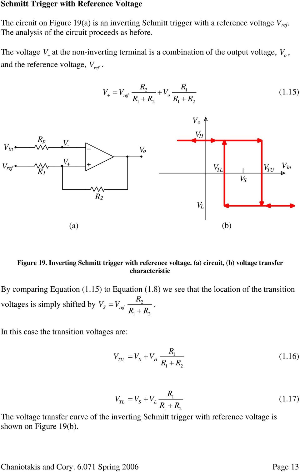 Inverting Schmitt trigger with erence vltage. (a) circuit, (b) vltage transfer characteristic By cmparing Equatin (.5) t Equatin (.