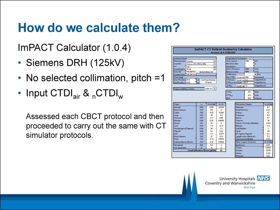 Input CTDI air & n CTDI w Assessed each CBCT protocol and