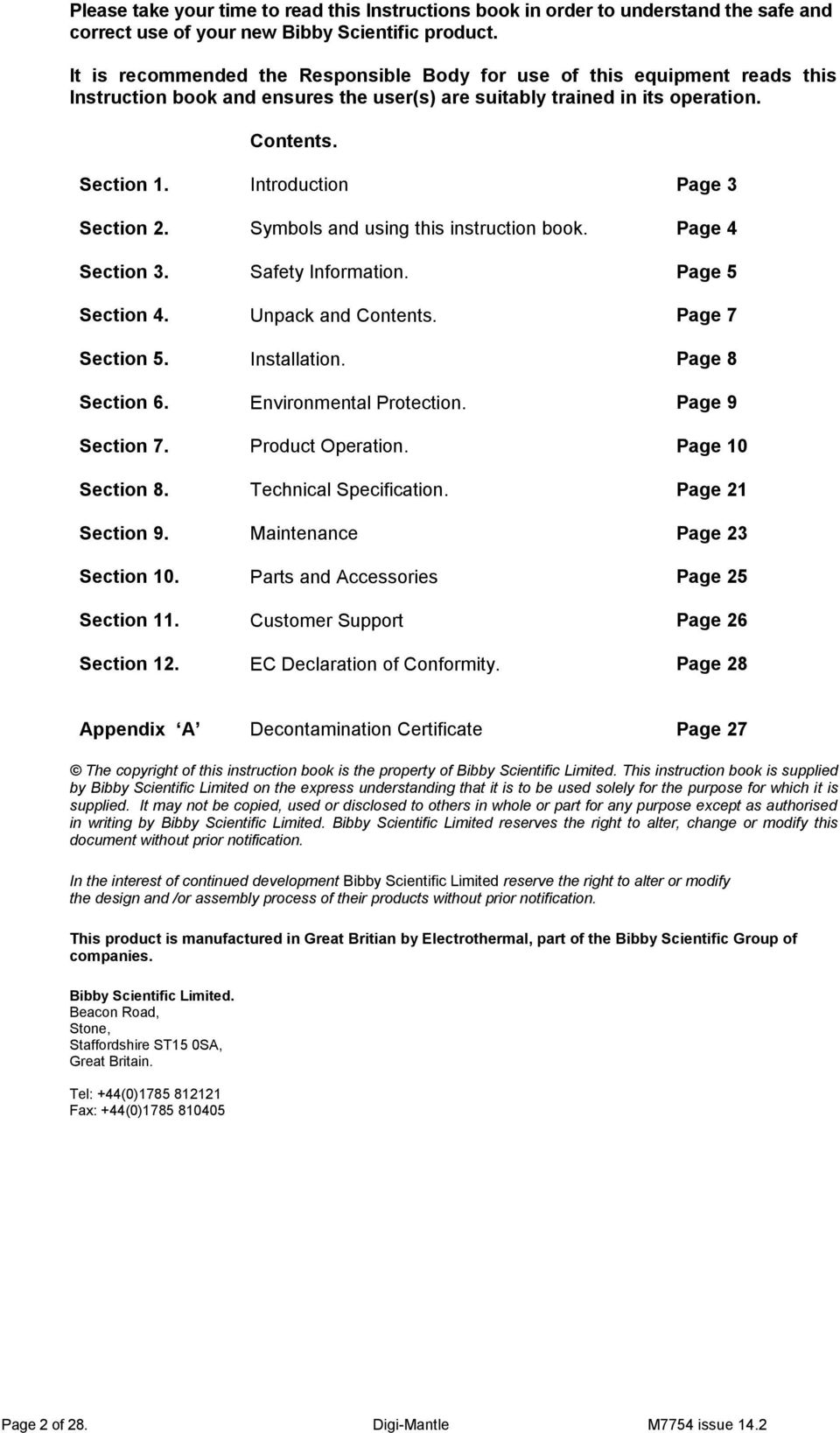 Introduction Page 3 Section 2. Symbols and using this instruction book. Page 4 Section 3. Safety Information. Page 5 Section 4. Unpack and Contents. Page 7 Section 5. Installation. Page 8 Section 6.