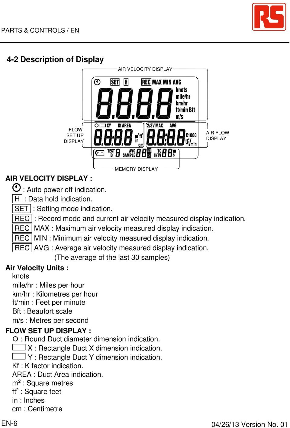 REC MIN : Minimum air velocity measured display indication. REC AVG : Average air velocity measured display indication.