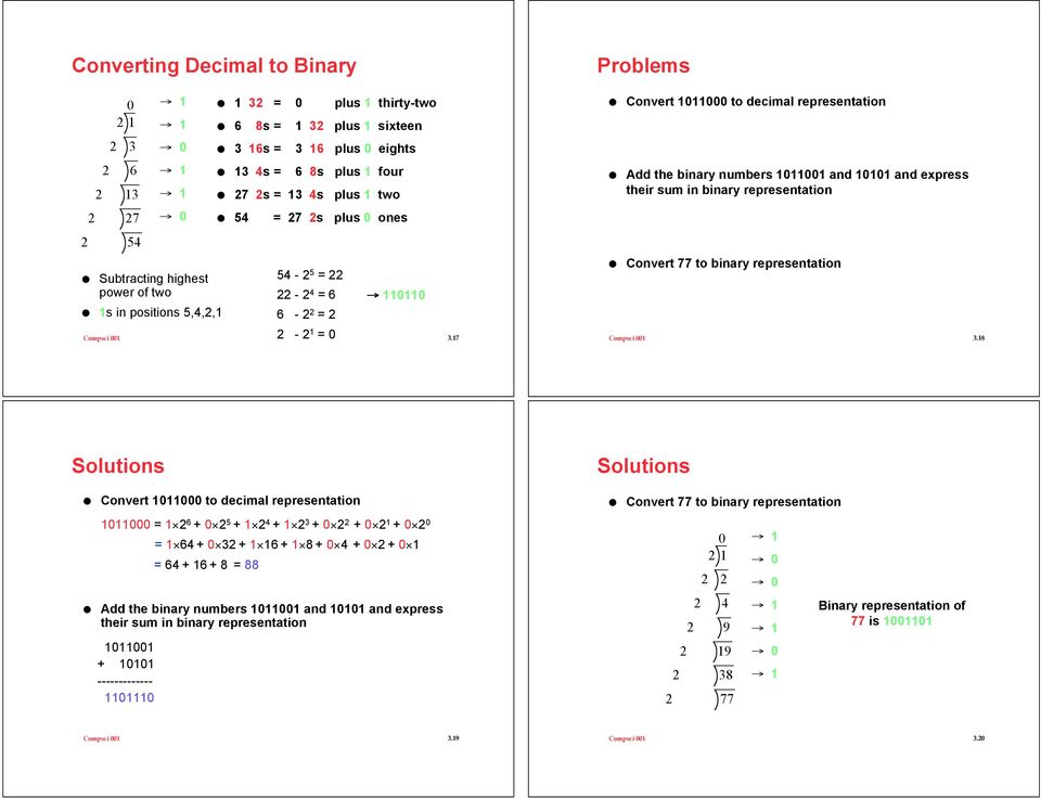 Convert 77 to binary representation Compsci.8 Solutions! Convert to decimal representation Solutions!