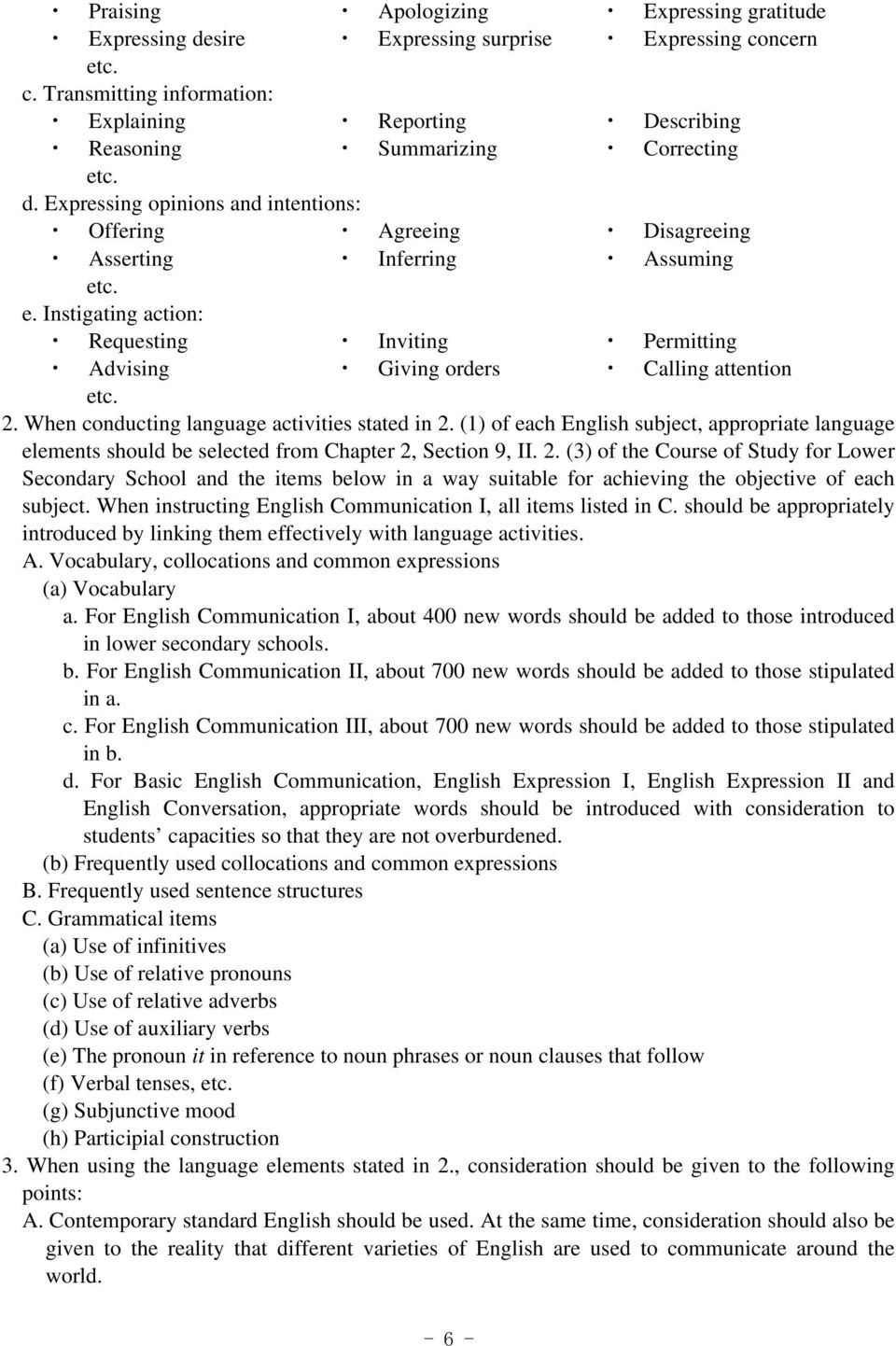 When conducting language activities stated in 2. (1) of each English subject, appropriate language elements should be selected from Chapter 2, Section 9, II. 2. (3) of the Course of Study for Lower Secondary School and the items below in a way suitable for achieving the objective of each subject.