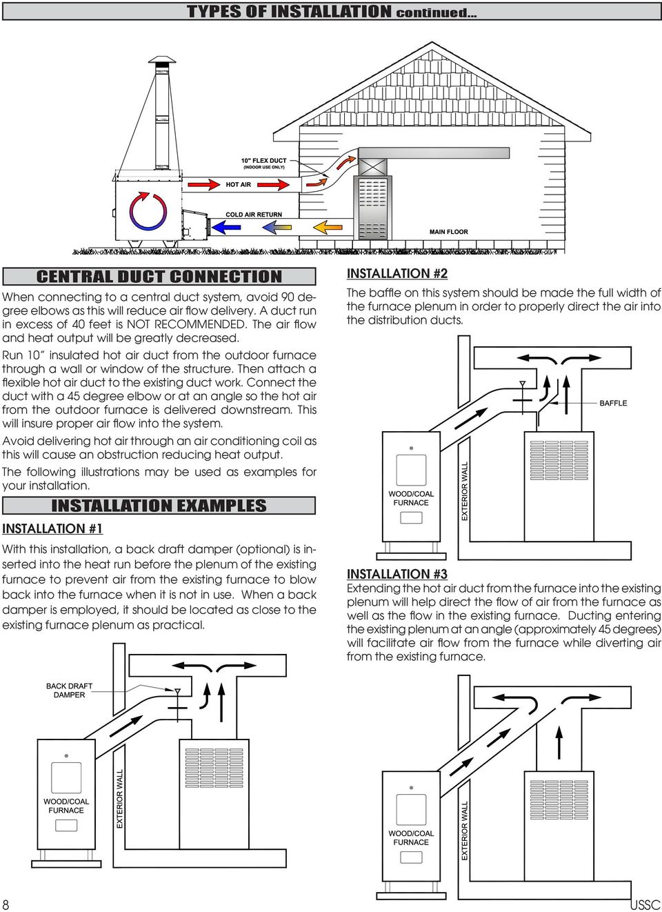 Run 10 insulated hot air duct from the outdoor furnace through a wall or window of the structure. Then attach a flexible hot air duct to the existing duct work.