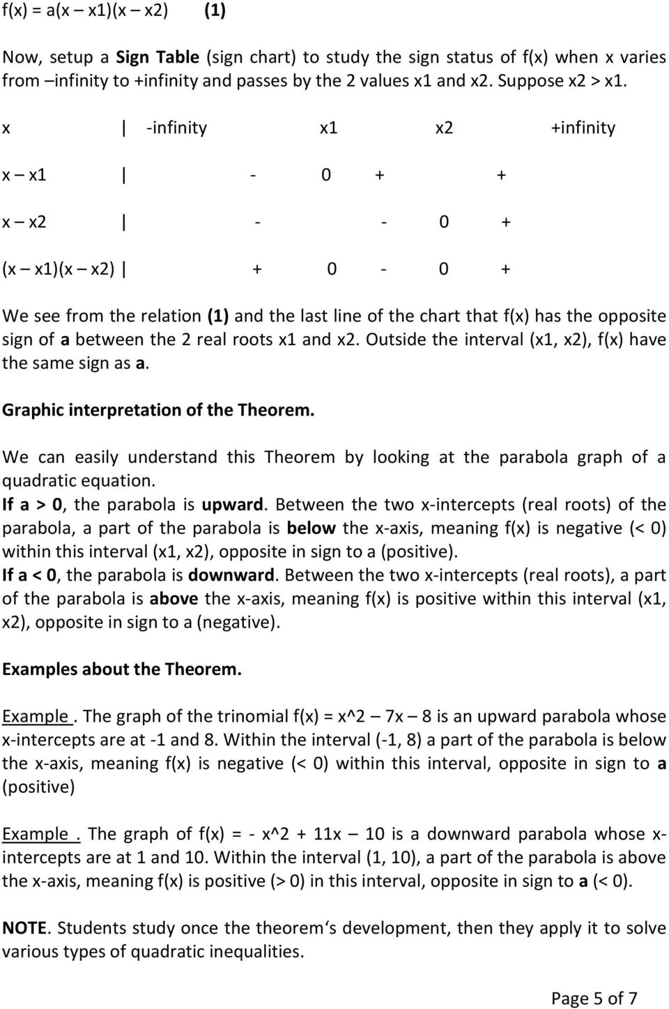 and x2. Outside the interval (x1, x2), f(x) have the same sign as a. Graphic interpretation of the Theorem.