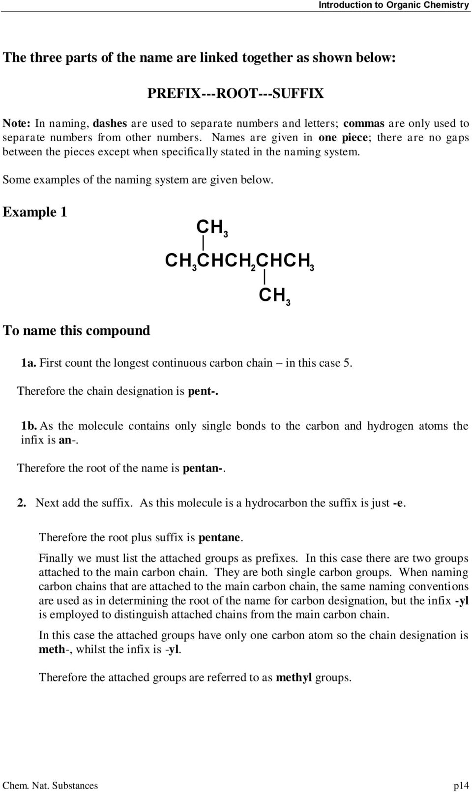 Some examples of the naming system are given below. Example 1 To name this compound 1a. First count the longest continuous carbon chain in this case 5. Therefore the chain designation is pent-.
