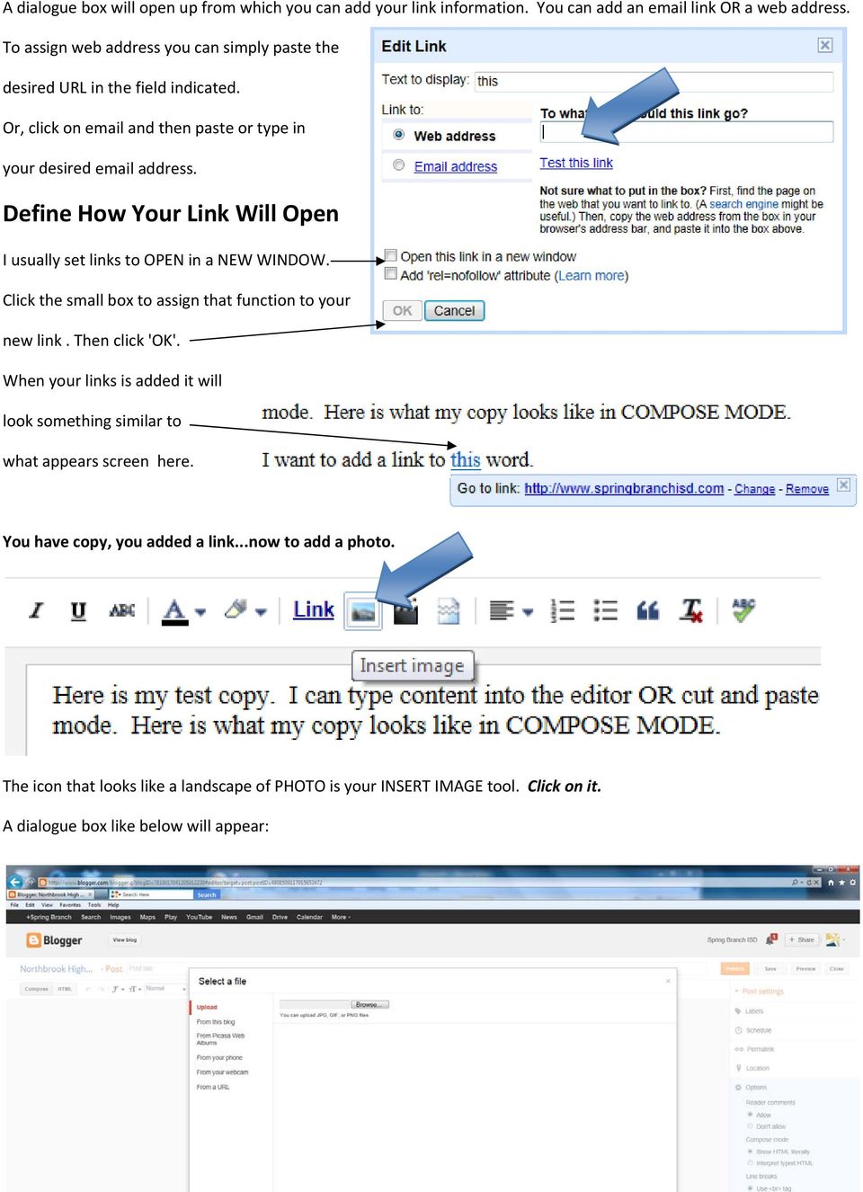 Define How Your Link Will Open I usually set links to OPEN in a NEW WINDOW. Click the small box to assign that function to your new link. Then click 'OK'.
