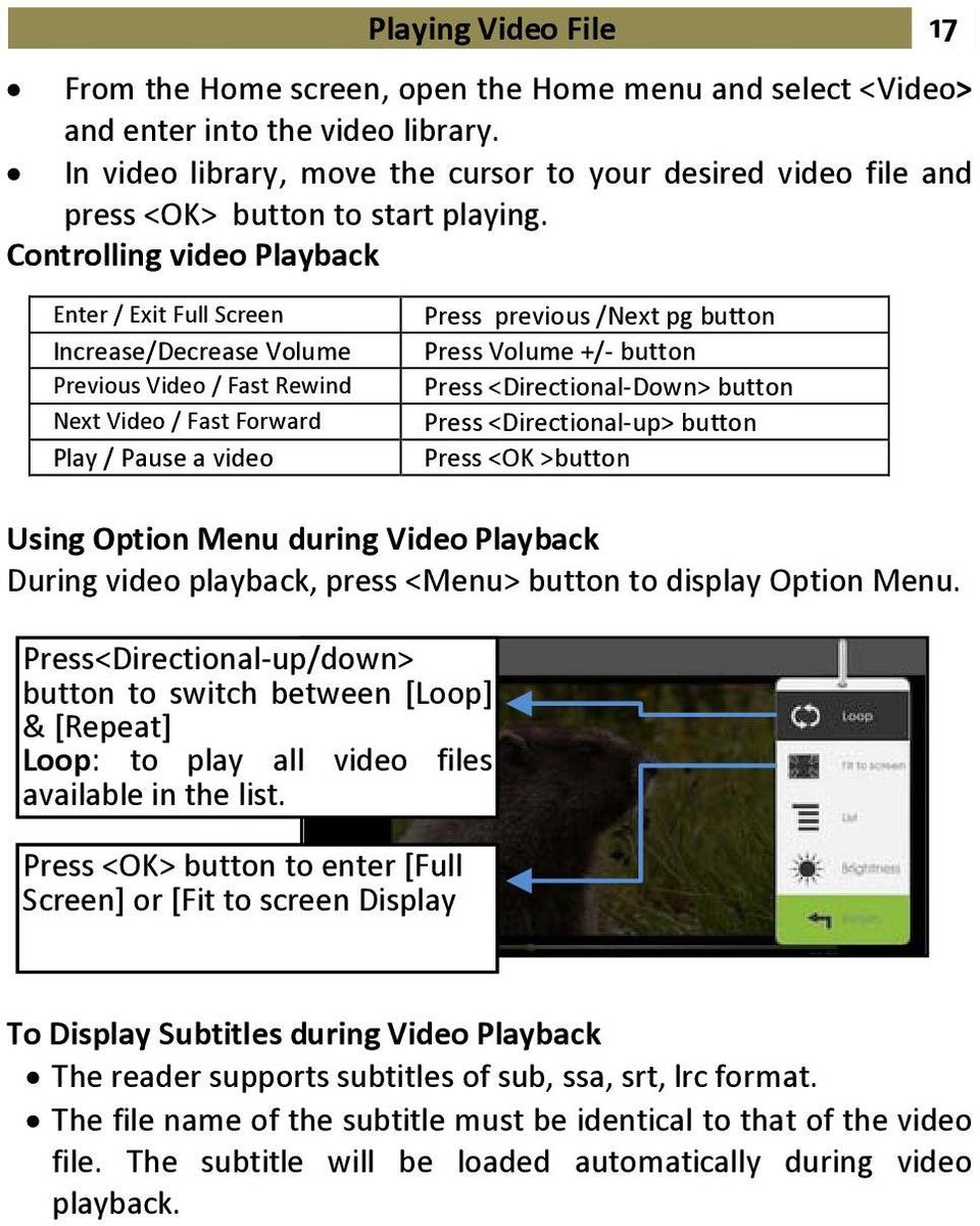 Controlling video Playback Enter / Exit Full Screen Increase/Decrease Volume Previous Video / Fast Rewind Next Video / Fast Forward Play / Pause a video Press previous /Next pg button Press Volume