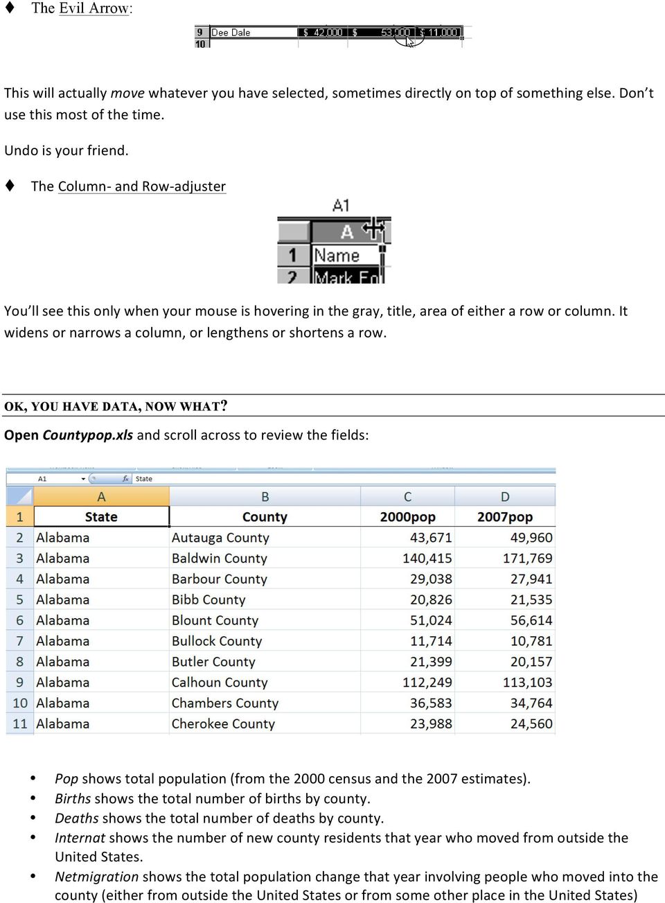 OK, YOU HAVE DATA, NOW WHAT? Open Countypop.xls and scroll across to review the fields: Pop shows total population (from the 2000 census and the 2007 estimates).