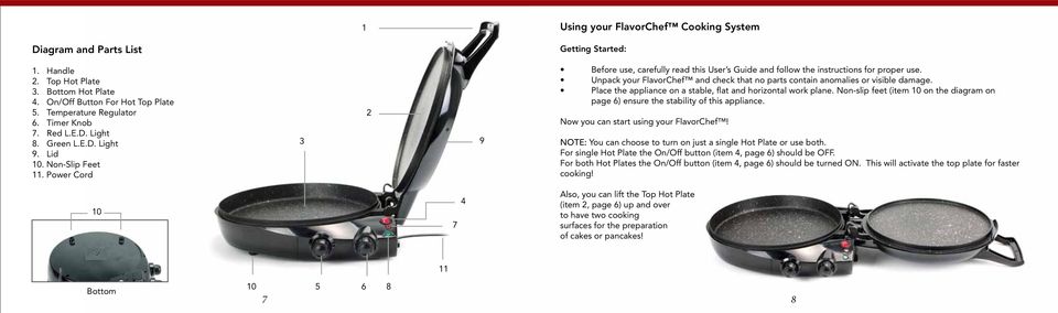 Unpack your FlavorChef and check that no parts contain anomalies or visible damage. Place the appliance on a stable, flat and horizontal work plane.