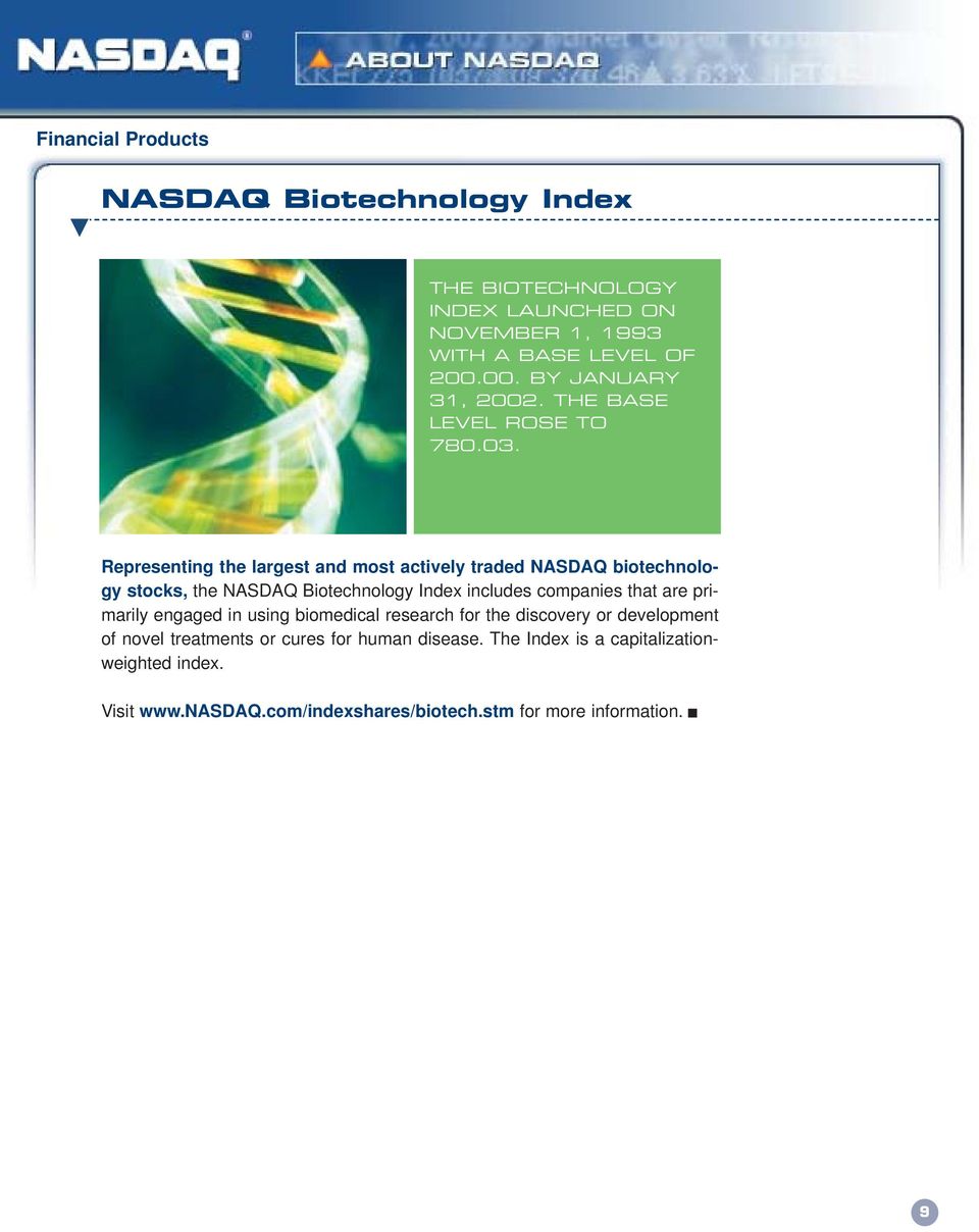 Representing the largest and most actively traded NASDAQ biotechnology stocks, the NASDAQ Biotechnology Index includes companies that