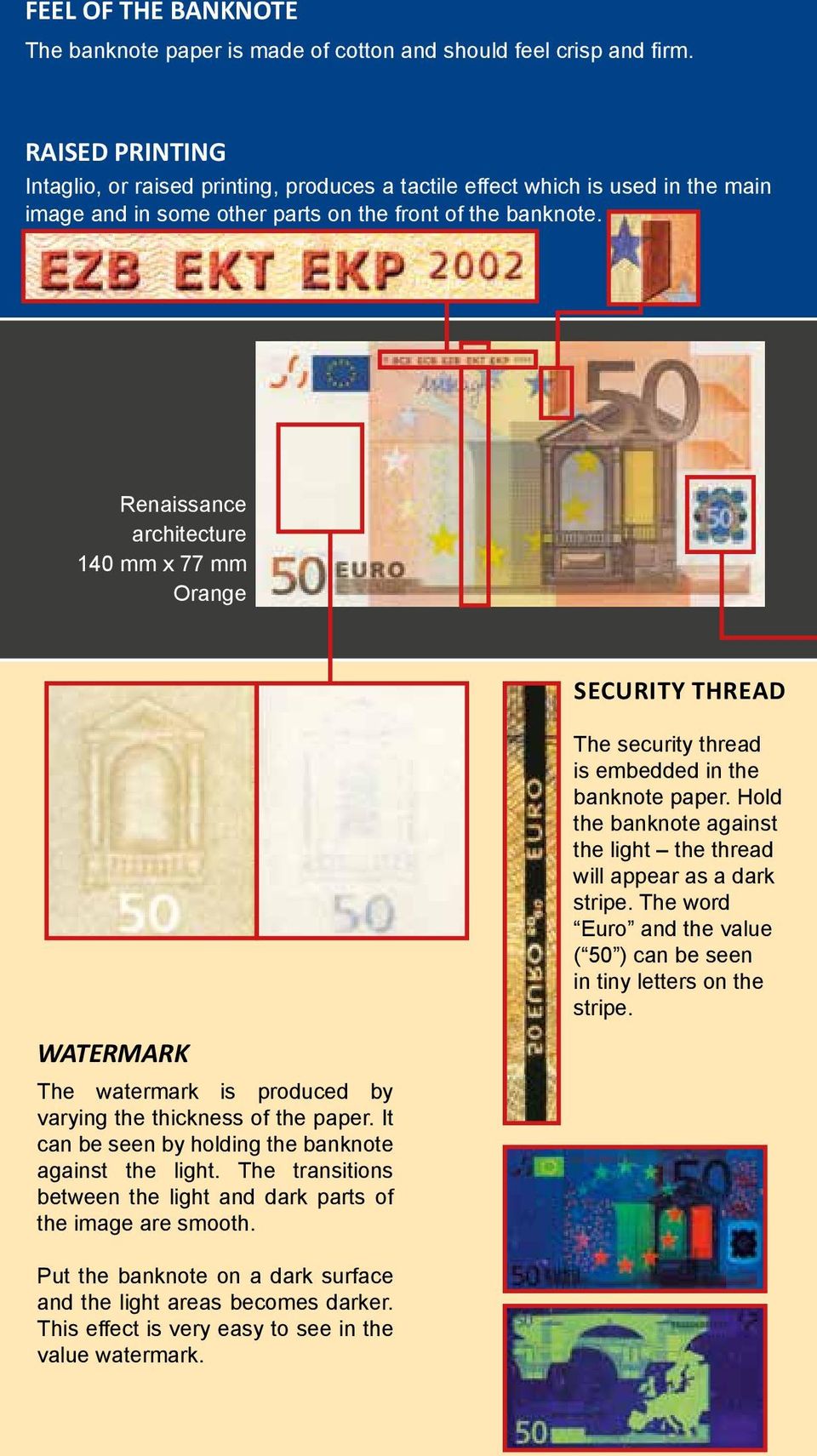 Renaissance architecture 140 mm x 77 mm Orange SECURITY THREAD WATERMARK The watermark is produced by varying the thickness of the paper. It can be seen by holding the banknote against the light.