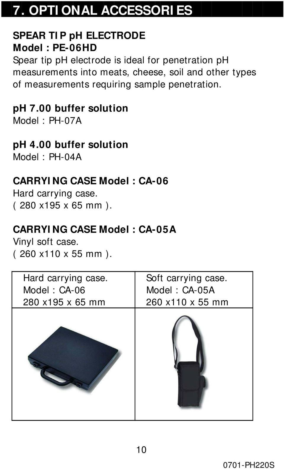 00 buffer solution Model : PH-04A CARRYING CASE Model : CA-06 Hard carrying case. ( 280 x195 x 65 mm ).