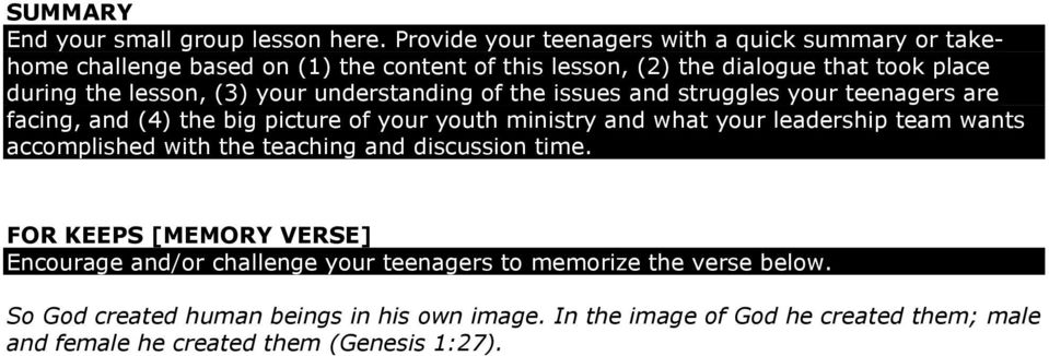 (3) your understanding of the issues and struggles your teenagers are facing, and (4) the big picture of your youth ministry and what your leadership team