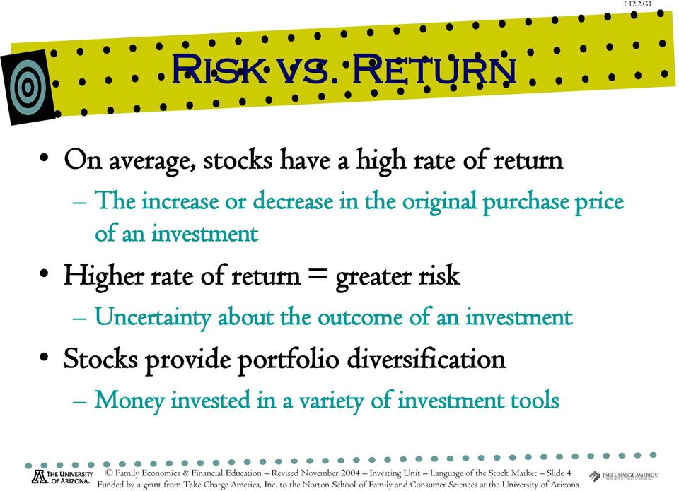 price of an investment Higher rate of return = greater risk Uncertainty about the outcome of an