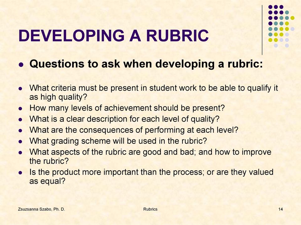 What are the consequences of performing at each level? What grading scheme will be used in the rubric?