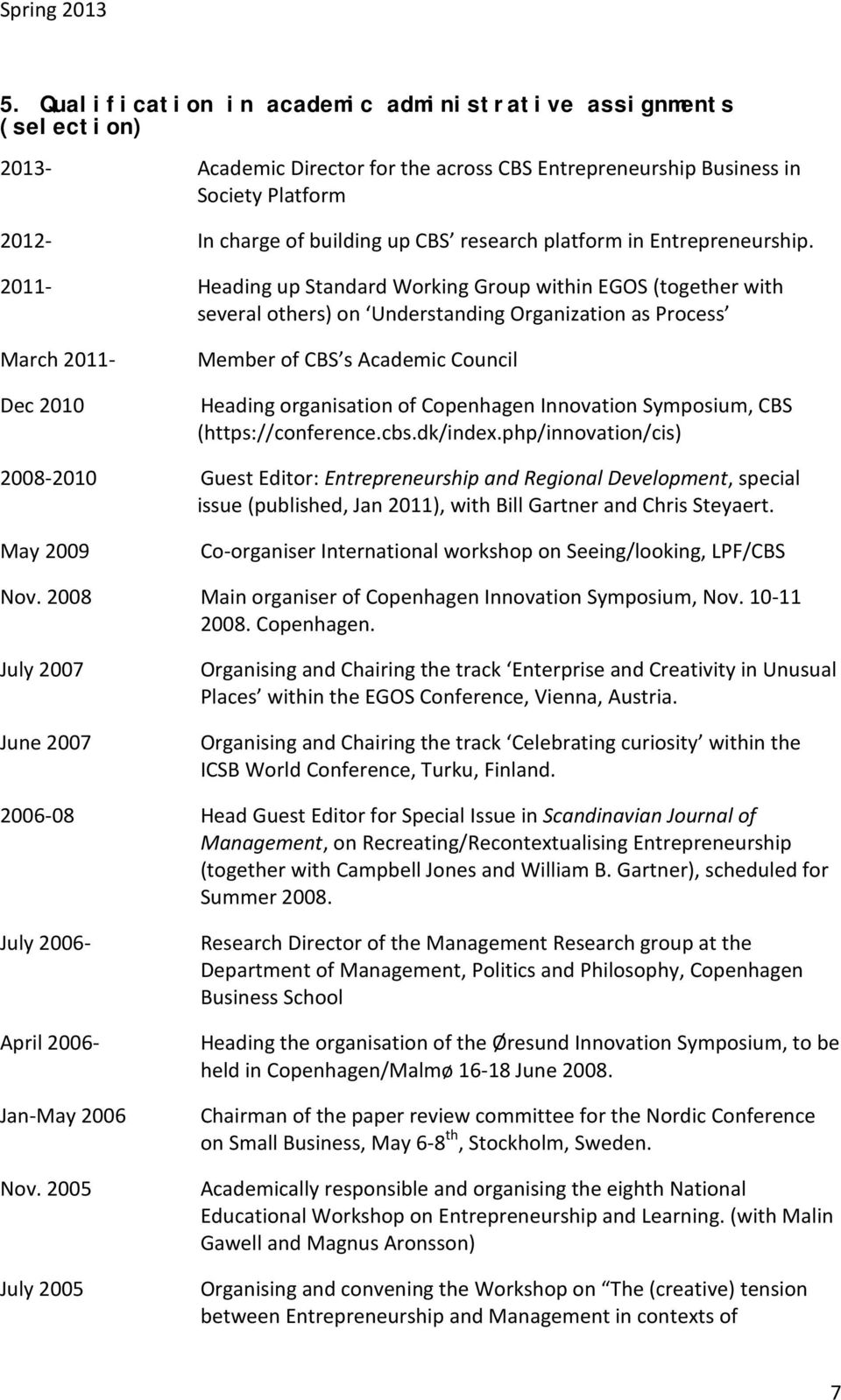 2011- Heading up Standard Working Group within EGOS (together with several others) on Understanding Organization as Process March 2011- Dec 2010 Member of CBS s Academic Council Heading organisation
