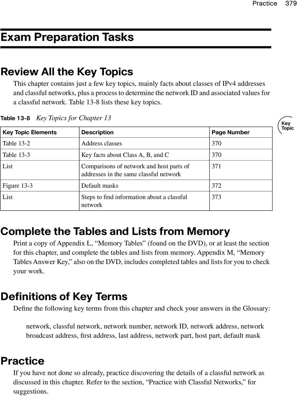 Table 13-8 Key Topics for Chapter 13 Key Topic Elements Description Page Number Table 13-2 Address classes 370 Table 13-3 Key facts about Class A, B, and C 370 List Comparisons of network and host
