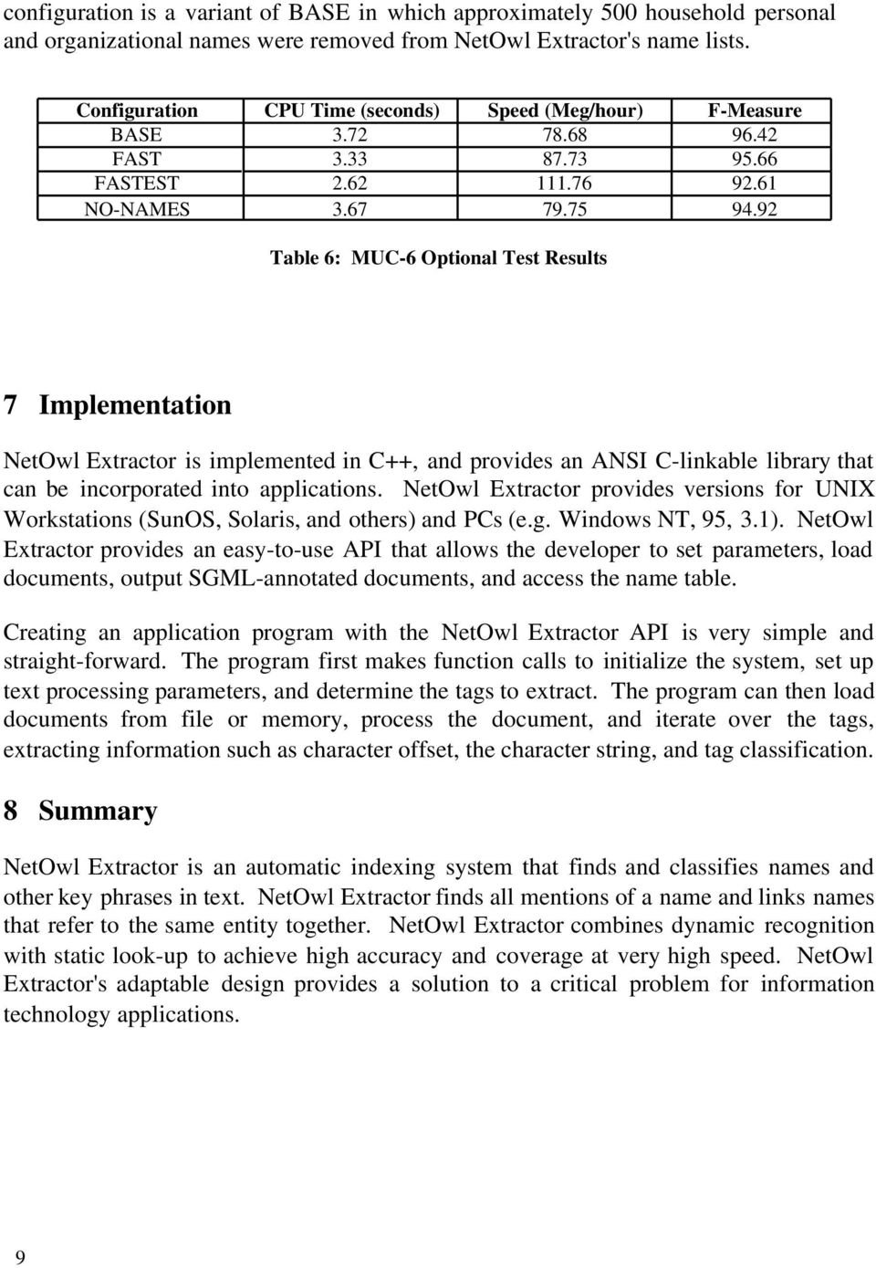 92 Table 6: MUC-6 Optional Test Results 7 Implementation NetOwl Extractor is implemented in C, and provides an ANSI C-linkable library that can be incorporated into applications.