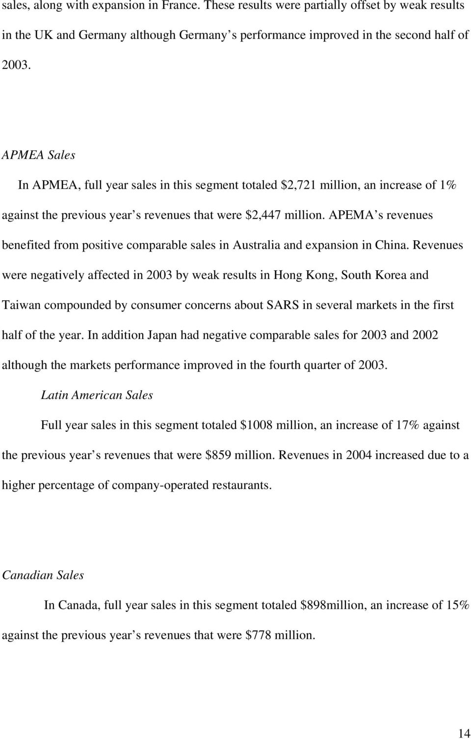 APEMA s revenues benefited from positive comparable sales in Australia and expansion in China.