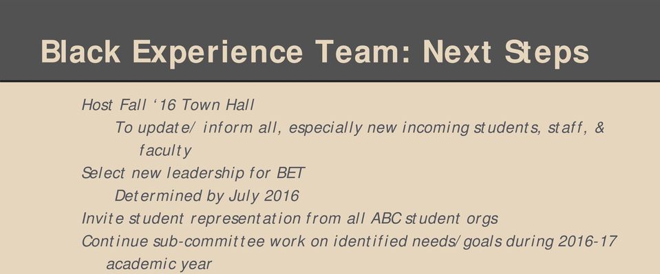 Determined by July 2016 Invite student representation from all ABC student orgs