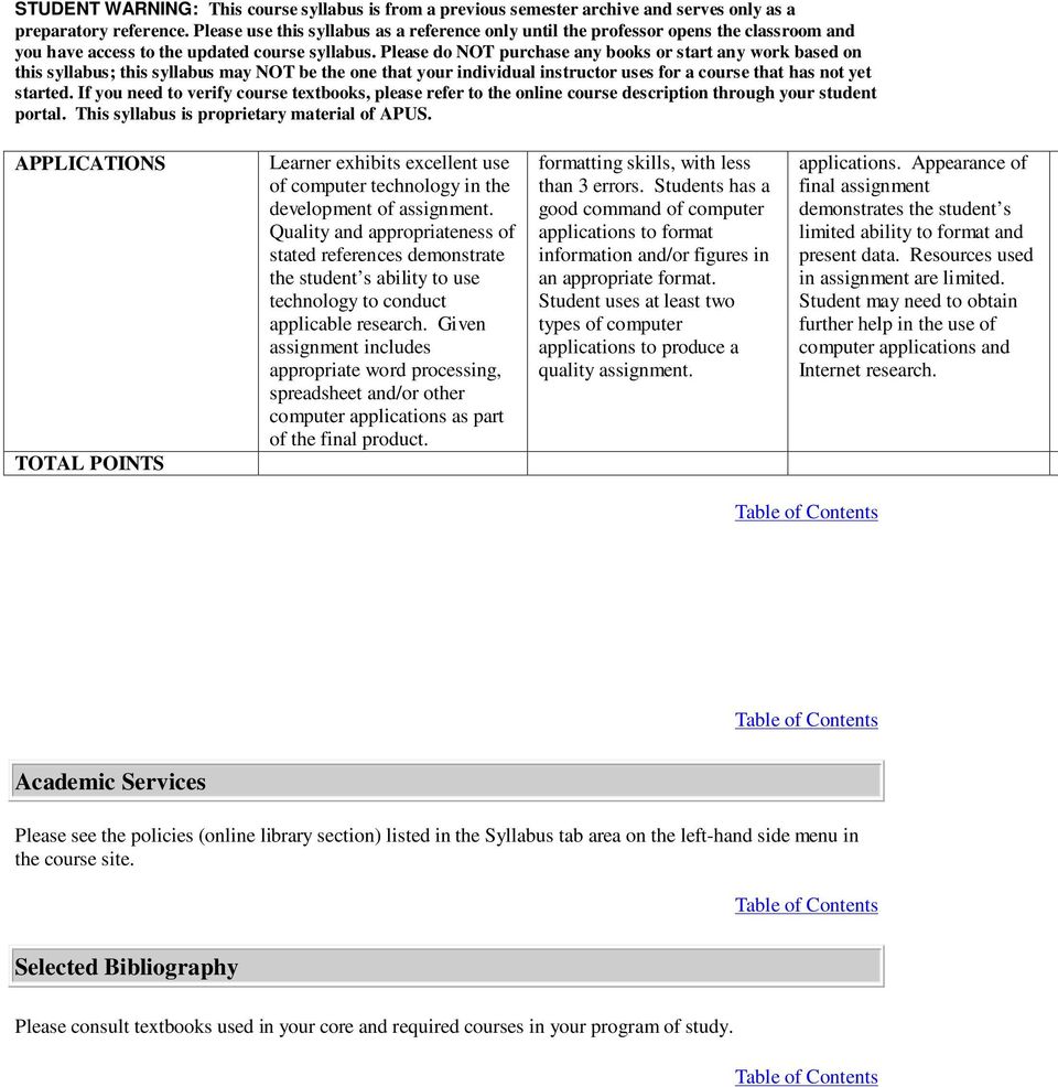 Given assignment includes appropriate word processing, spreadsheet and/or other computer applications as part of the final product. formatting skills, with less than 3 errors.