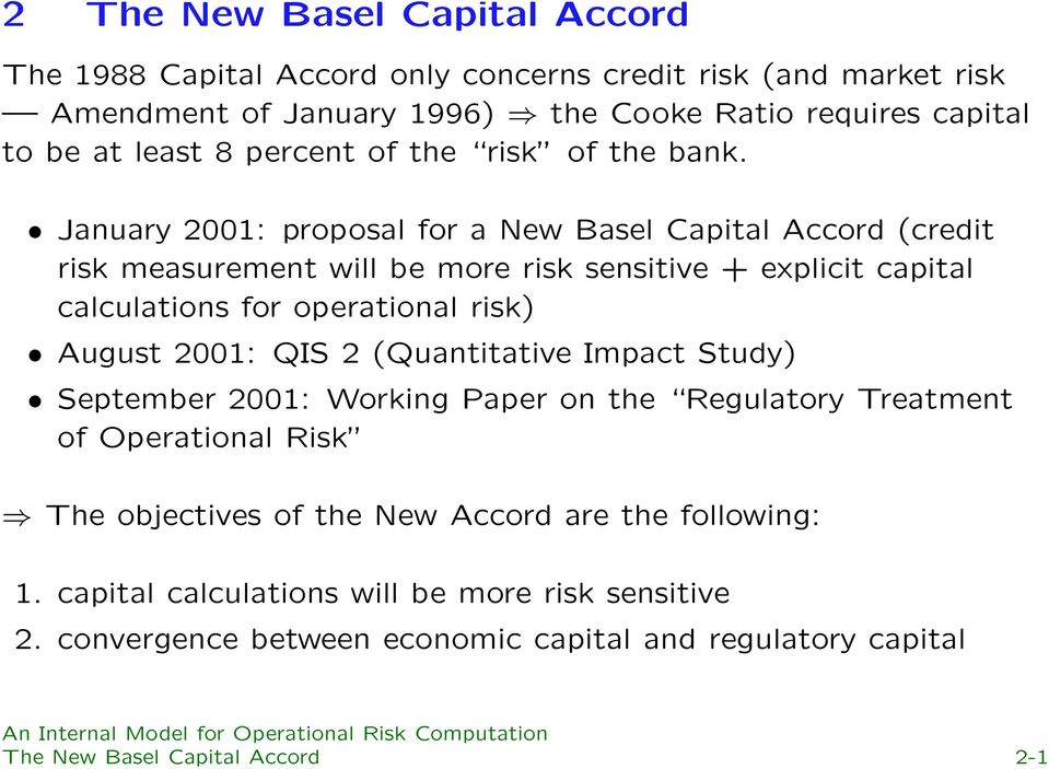 January 2001: proposal for a New Basel Capital Accord (credit risk measurement will be more risk sensitive + explicit capital calculations for operational risk) August 2001: