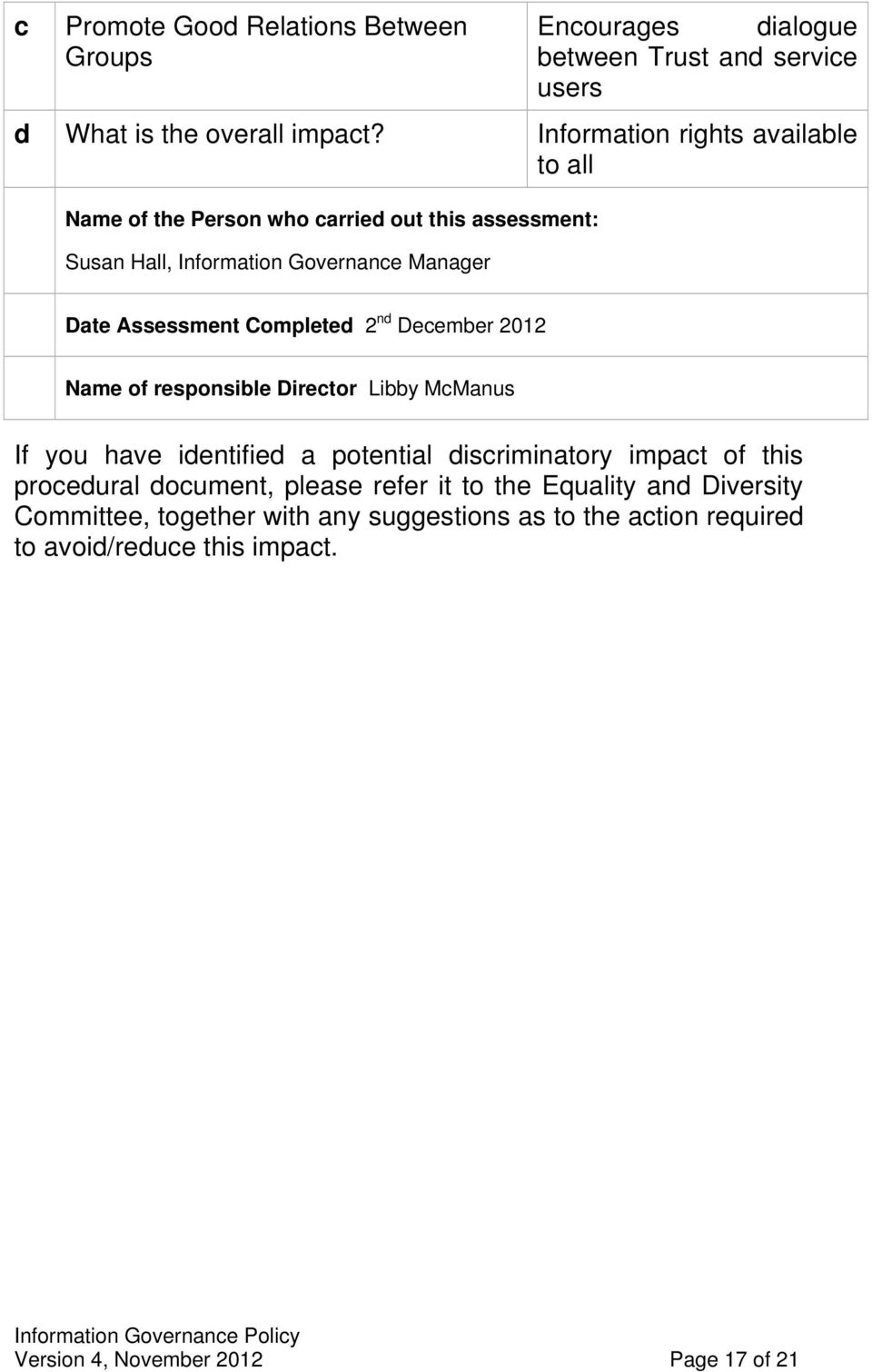 Completed 2 nd December 2012 Name of responsible Director Libby McManus If you have identified a potential discriminatory impact of this procedural