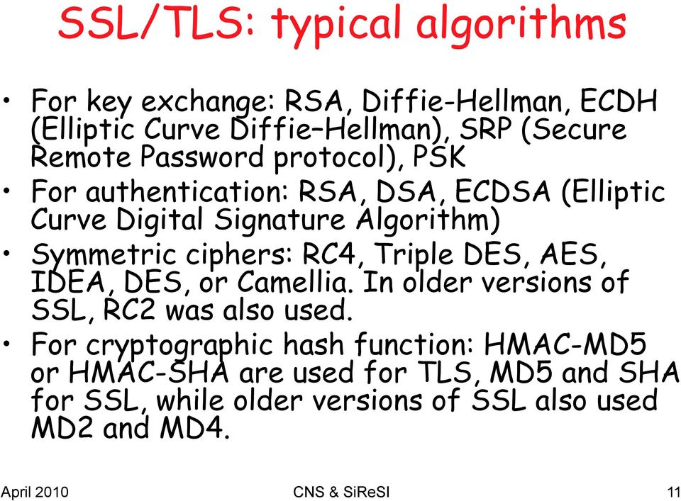 ciphers: RC4, Triple DES, AES, IDEA, DES, or Camellia. In older versions of SSL, RC2 was also used.