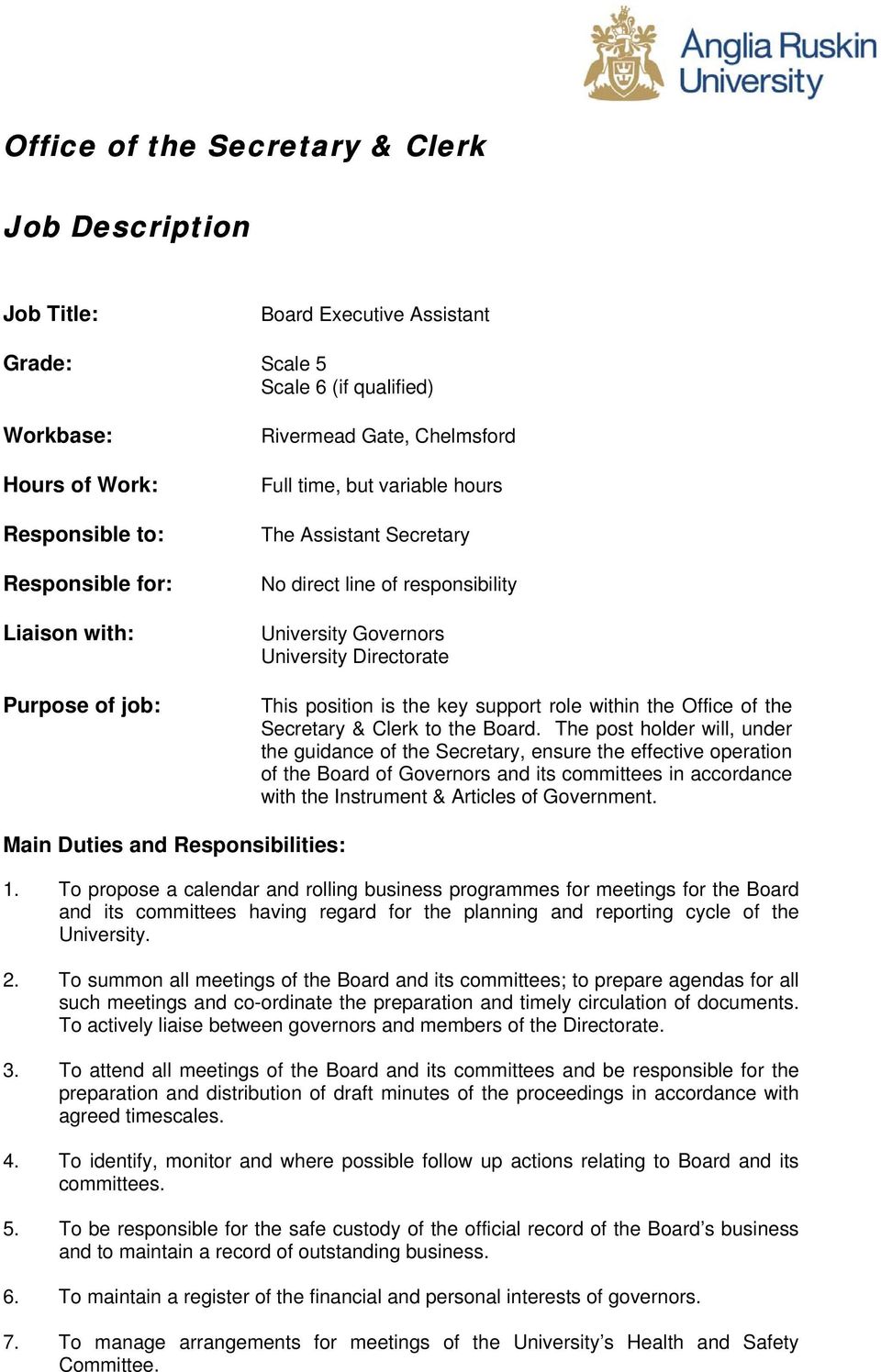 support role within the Office of the Secretary & Clerk to the Board.
