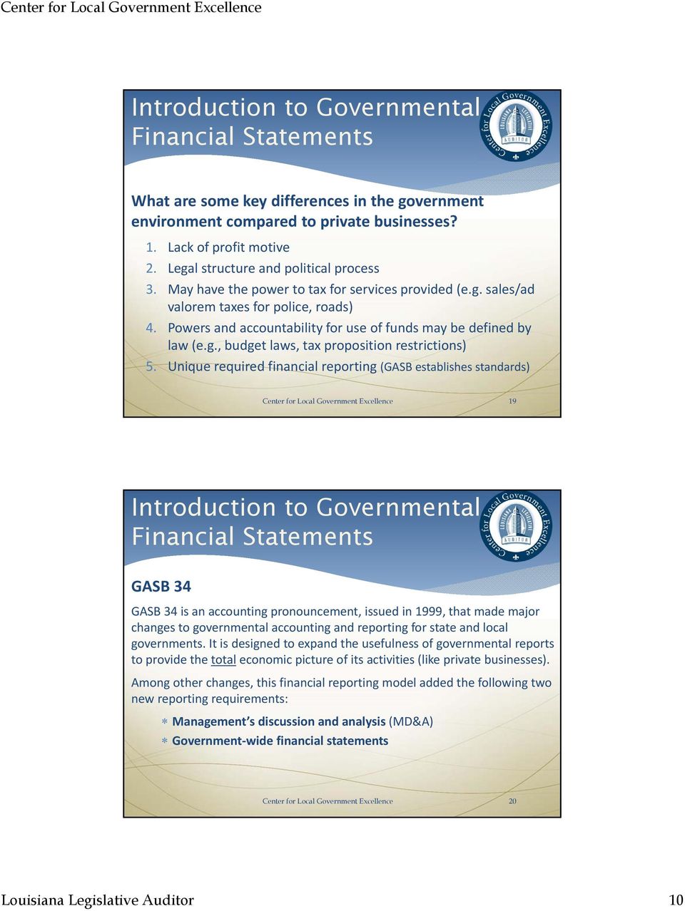 Unique required financial reporting (GASB establishes standards) Center for Local Government Excellence 19 Introduction to Governmental GASB 34 GASB 34 is an accounting pronouncement, issued in 1999,