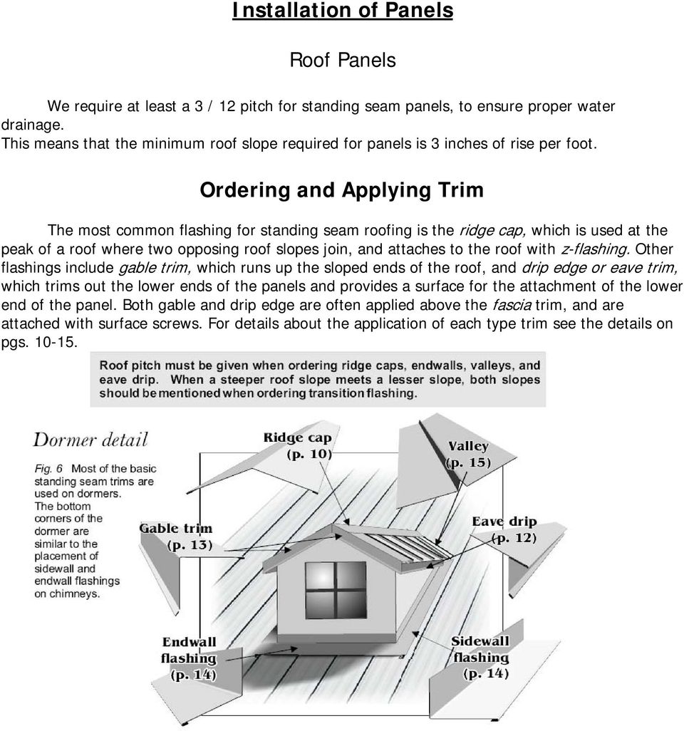Ordering and Applying Trim The most common flashing for standing seam roofing is the ridge cap, which is used at the peak of a roof where two opposing roof slopes join, and attaches to the roof with