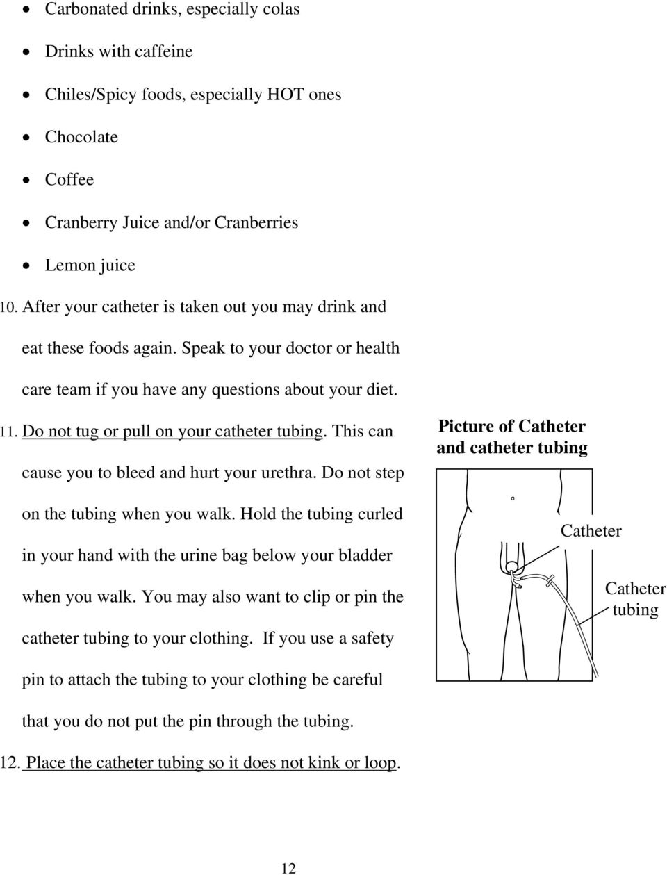 Do not tug or pull on your catheter tubing. This can cause you to bleed and hurt your urethra. Do not step on the tubing when you walk.