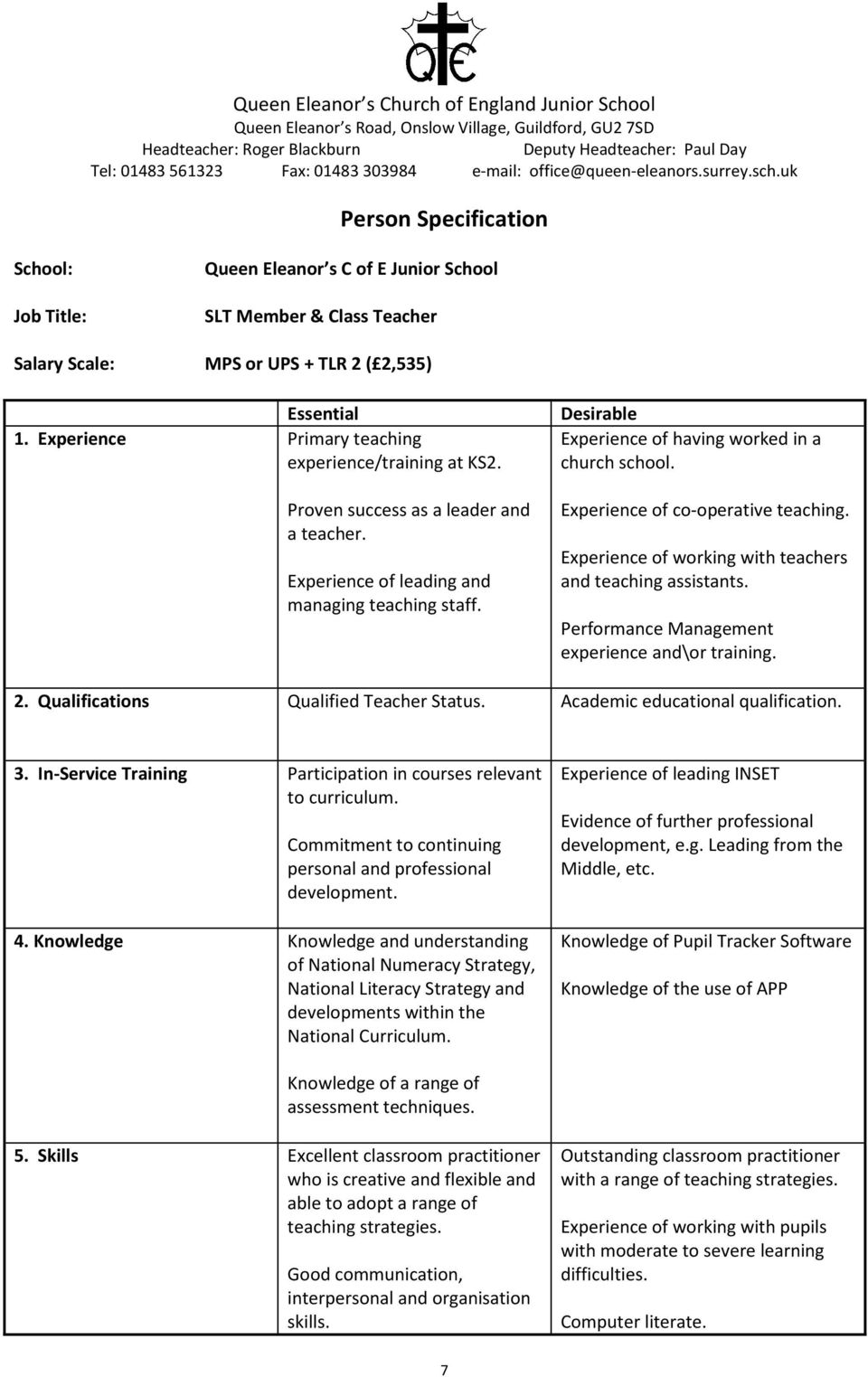 Desirable Experience of having worked in a church school. Experience of co-operative teaching. Experience of working with teachers and teaching assistants.