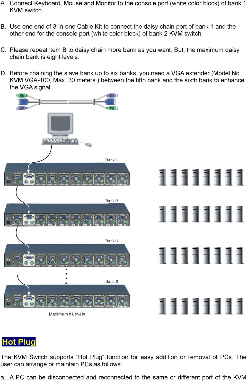 But, the maximum daisy chain bank is eight levels. D. Before chaining the slave bank up to six banks, you need a VGA extender (Model No. KVM VGA-100, Max.