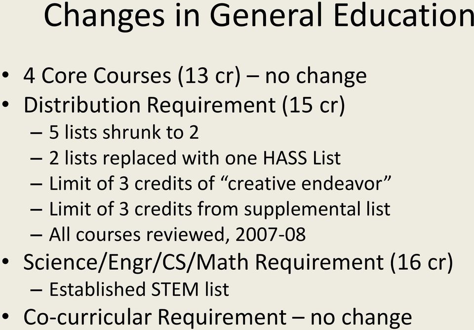 endeavor Limit of 3 credits from supplemental list All courses reviewed, 2007-08