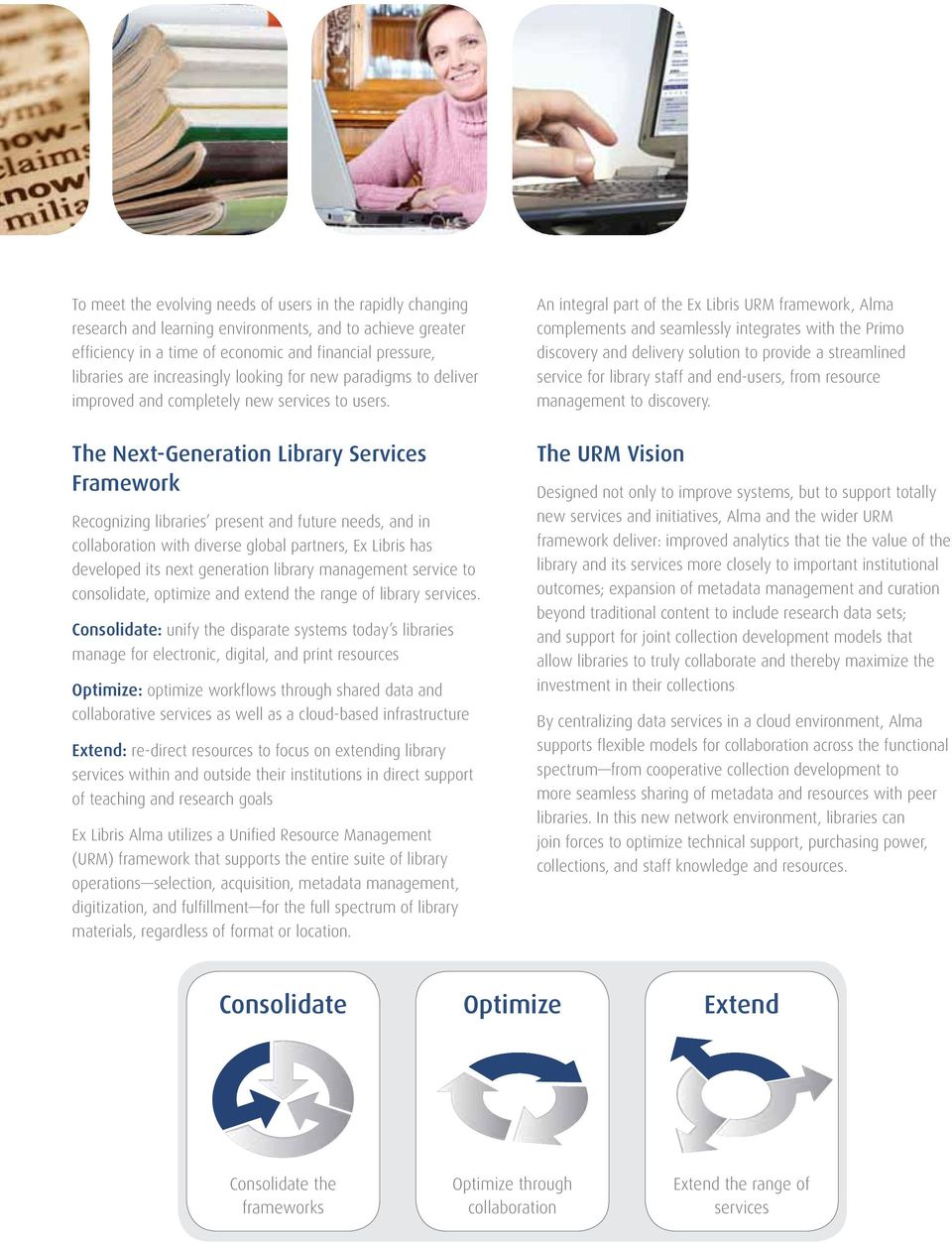 An integral part of the Ex Libris URM framework, Alma complements and seamlessly integrates with the Primo discovery and delivery solution to provide a streamlined service for library staff and